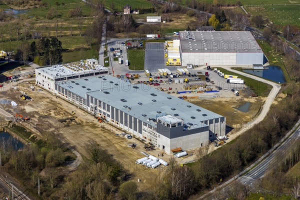 Aerial view, industrial estate northwest, construction site new building logistics hall