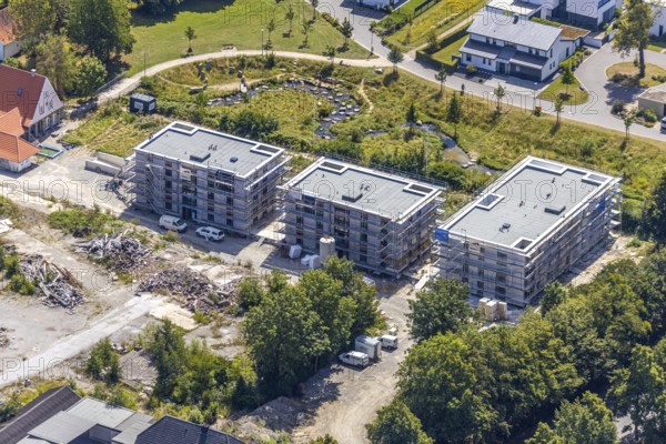 Aerial view, three residential buildings at the renaturalised Soestbach, former outdoor swimming