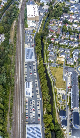 Aerial view, shopping centre Untere Promenade, Hönneinsel, Menden, Sauerland, Märkischer Kreis,