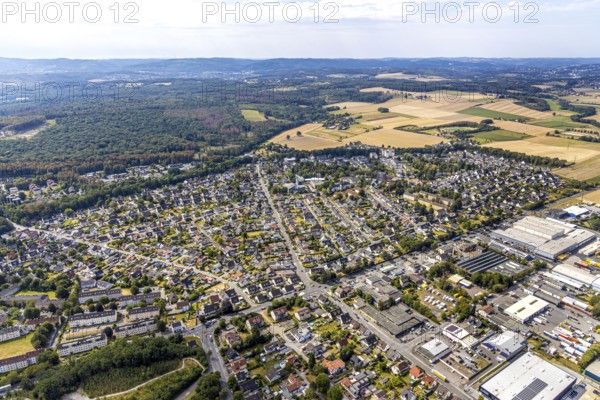 Aerial view, view of Platte Heide, meadows and fields, Menden, Sauerland, Märkischer Kreis, North