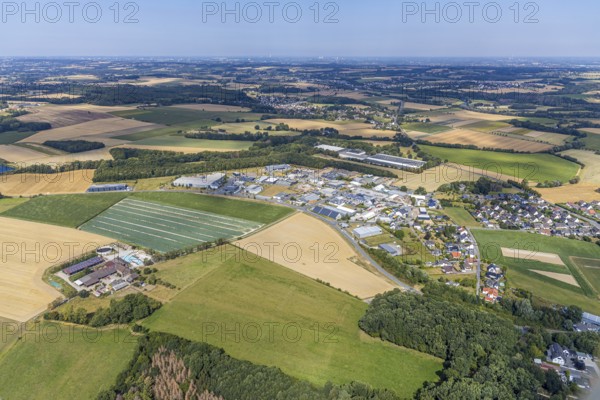 Aerial view, local view Holzen, agricultural business Am Riekenbrauck, BEGA Gantenbrink-Leuchten