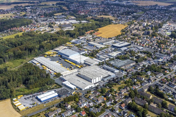 Aerial view, Meisenweg industrial estate, DHL Freight GmbH, Menden, Sauerland, Märkischer Kreis,