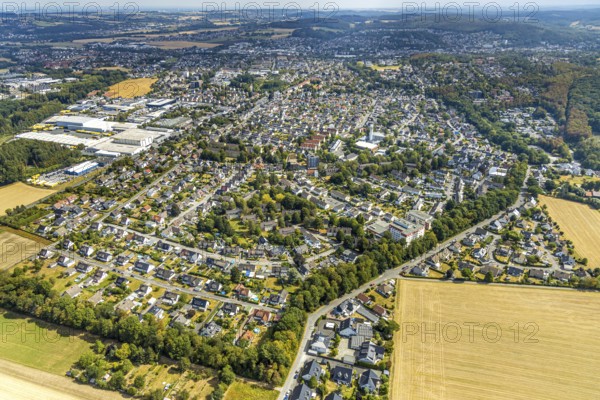 Aerial view, local view Platte Heide, meadows and fields, Menden, Sauerland, Märkischer Kreis,
