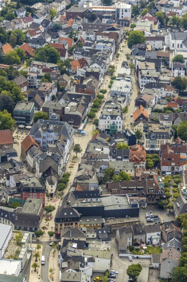 Aerial view, pedestrian zone, city centre, market place, old town hall, Menden, Sauerland,