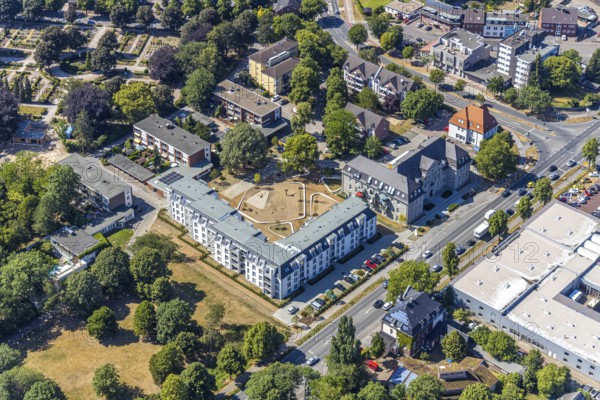 Aerial photo, new building, social housing, Rheinberger Straße, Utfort, Mörs, Ruhr area, North