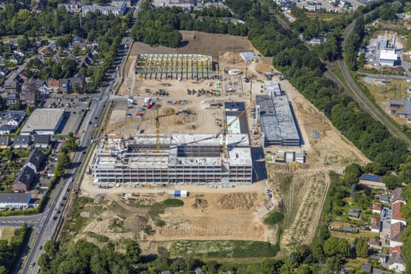Aerial view, new building EDEKA administration building food retail beverage market, car park,