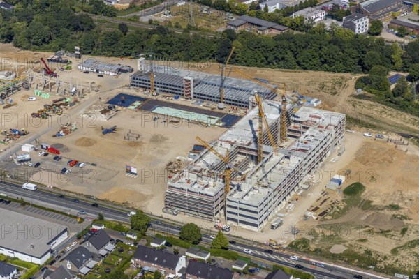 Aerial view, new building EDEKA administration building food retail beverage market, car park,