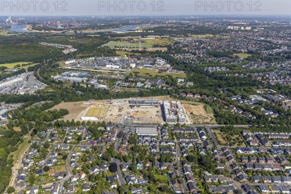Aerial view, new building EDEKA administration building food retail beverage market, car park,