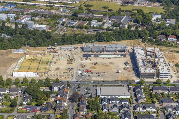 Aerial view, new building EDEKA administration building food retail beverage market, car park,