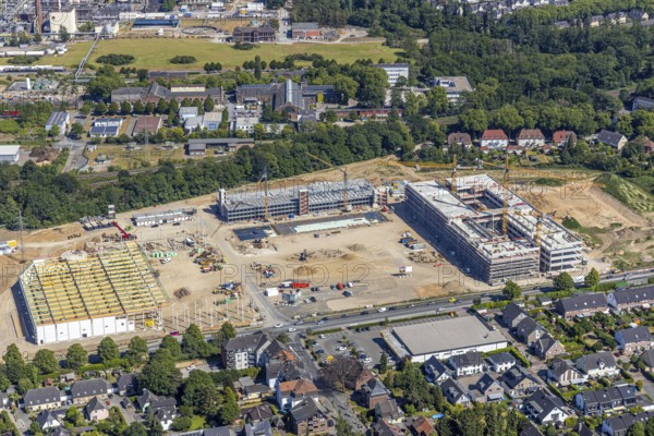 Aerial view, new building EDEKA administration building food retail beverage market, car park,