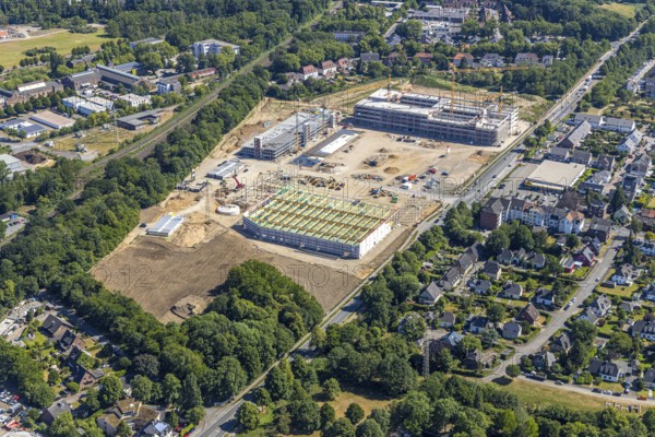 Aerial view, new building EDEKA administration building food retail beverage market, car park,