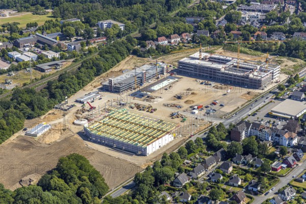 Aerial view, new building EDEKA administration building food retail beverage market, car park,