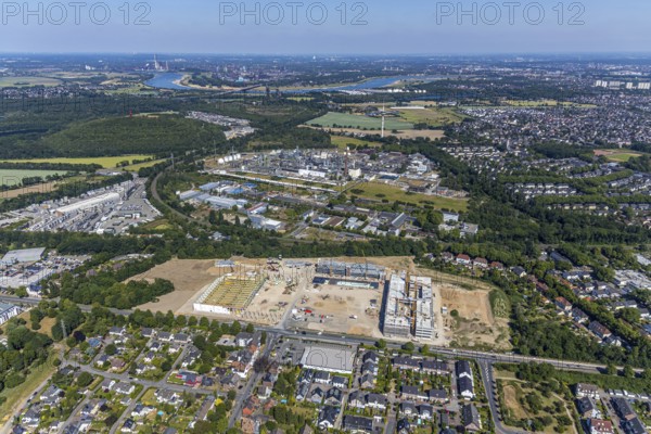 Aerial view, new building EDEKA administration building food retail beverage market, car park,