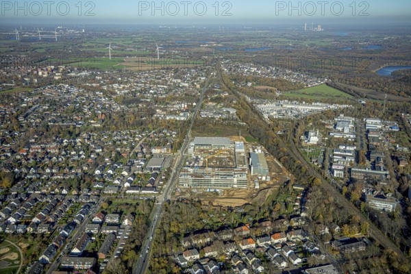 Aerial view, construction site, new Edeka headquarters, Rheinberger Straße, Rheinkamp-Utfort, Mörs,