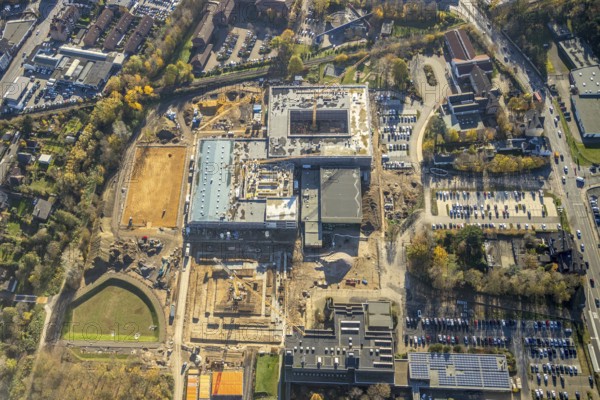 Aerial view, construction site, new school building, vocational college campus for technology Mörs,