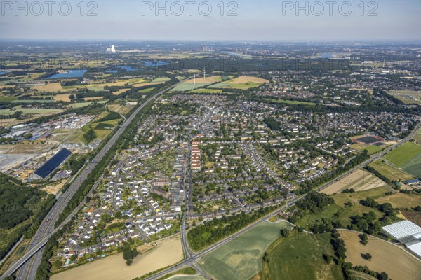 Aerial view, motorway A42, overview Repelen Rheinkamp, Mörs, Ruhr area, North Rhine-Westphalia,