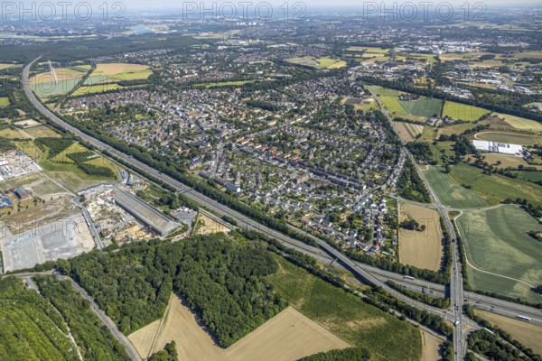 Aerial view, motorway A42, overview Repelen Rheinkamp, Mörs, Ruhr area, North Rhine-Westphalia,
