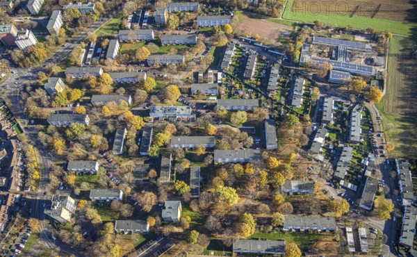 Aerial view, residential area Im Meerfeld, Nehrunger Weg, Rheinkamp-Mitte, Mörs, Ruhr area, North