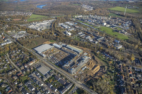 Aerial view, construction site, new Edeka headquarters, Rheinberger Straße, Rheinkamp-Utfort, Mörs,