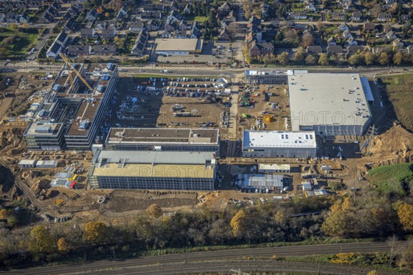 Aerial view, construction site, new Edeka headquarters, Rheinberger Straße, Rheinkamp-Utfort, Mörs,