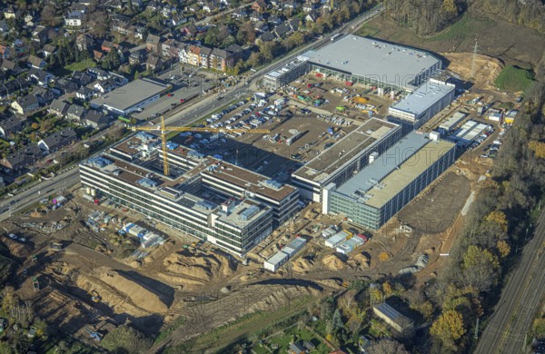Aerial view, construction site, new Edeka headquarters, Rheinberger Straße, Rheinkamp-Utfort, Mörs,