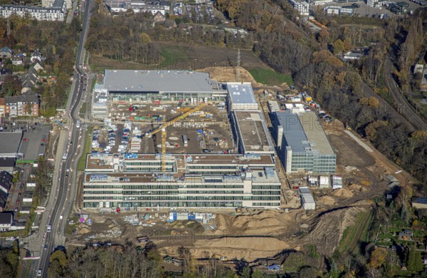 Aerial view, construction site, new Edeka headquarters, Rheinberger Straße, Rheinkamp-Utfort, Mörs,