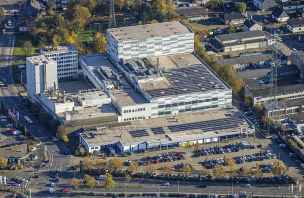 Aerial view, commercial area Dümpten, Aldi Süd, largest ALDI Süd store in Germany, Mannesmannallee,