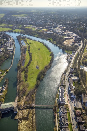 Aerial photo, Ruhr, hydroelectric power station on the Ruhr, Kassenbergbrücke, weir Mülheim,