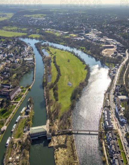 Aerial photo, Ruhr, hydroelectric power station on the Ruhr, Kassenbergbrücke, weir Mülheim,