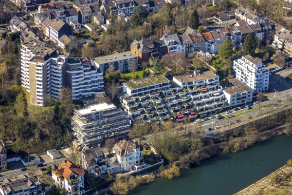 Aerial photo, new construction terrace house with Ruhr view, high-rise building Ruhrblkick,