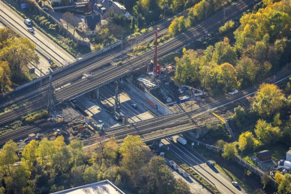 Aerial view, construction site, railway bridges after tanker fire, motorway A40, Styrum, Mülheim an