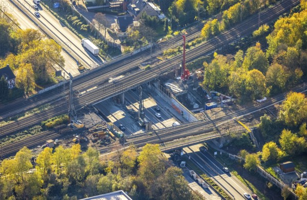 Aerial view, construction site, railway bridges after tanker fire, motorway A40, Styrum, Mülheim an