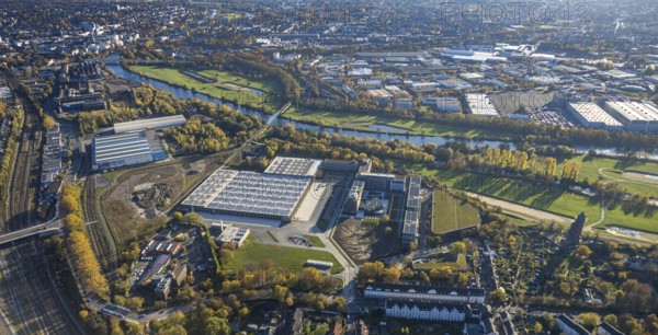 Aerial view, Aldi Süd, open space, construction area, river Ruhr, Styrum - Süd, Mülheim an der