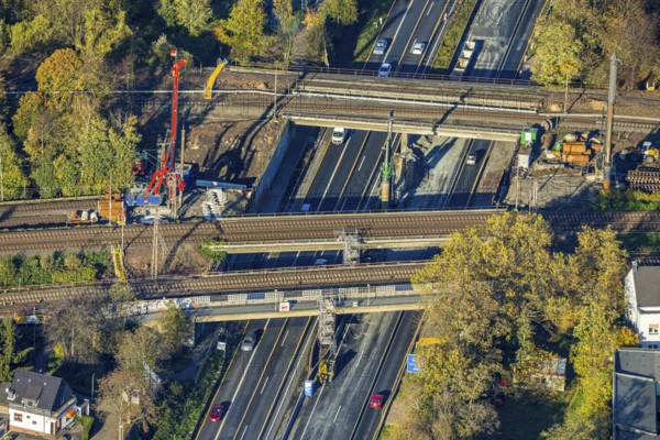 Aerial view, reaparaturation of the railway bridges over the A40 in Mülheim Styrum, Styrum - South,