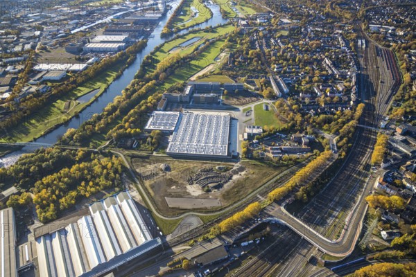 Aerial view, Aldi Süd, open space, construction area, river Ruhr, Styrum - Süd, Mülheim an der