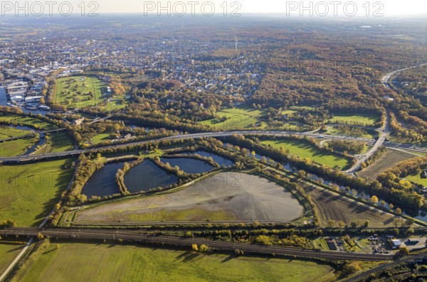 Aerial view, sewage sludge landfill at Ruhrbogen Ruhrschifffahrtskanal, Schleuseninsel, Styrumer
