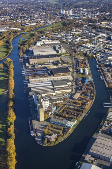 Aerial view, Rhine-Ruhr harbour Mülheim, shipping canal, Am Nordhafen, Rheinstraße, Speldorf,