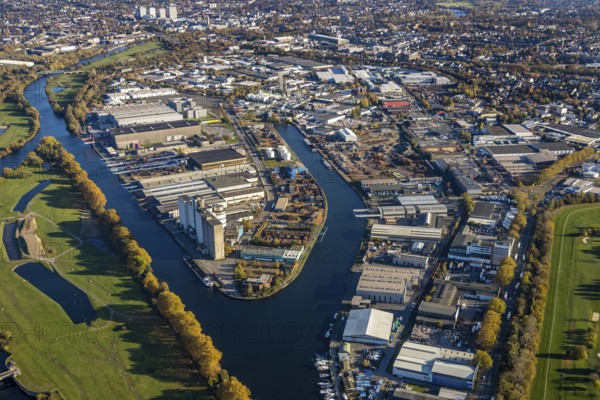Aerial view, Rhine-Ruhr harbour Mülheim, shipping canal, Am Nordhafen, Rheinstraße, Speldorf,