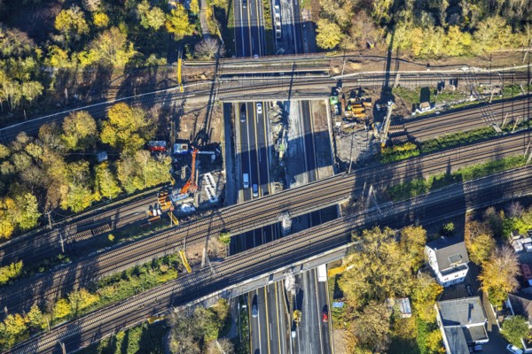 Aerial view, construction site, railway bridges after tanker fire, motorway A40, Styrum, Mülheim an