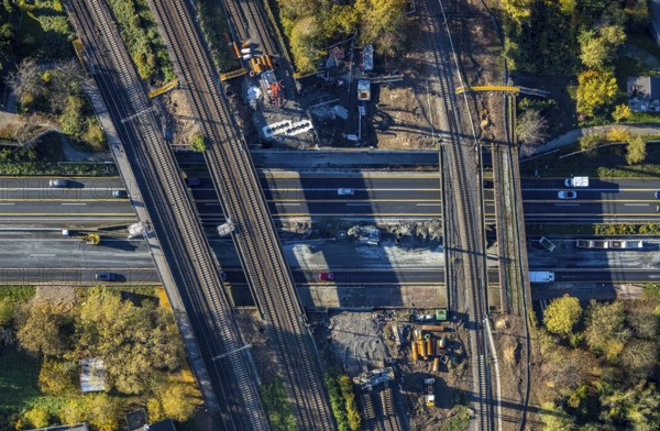 Aerial view, construction site, railway bridges after tanker fire, motorway A40, Styrum, Mülheim an