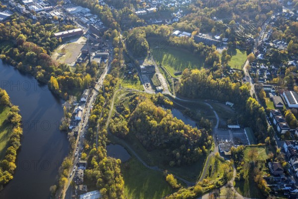 Aerial view, quarry Rauen, river Ruhr, construction area former leather factory Lindgens am