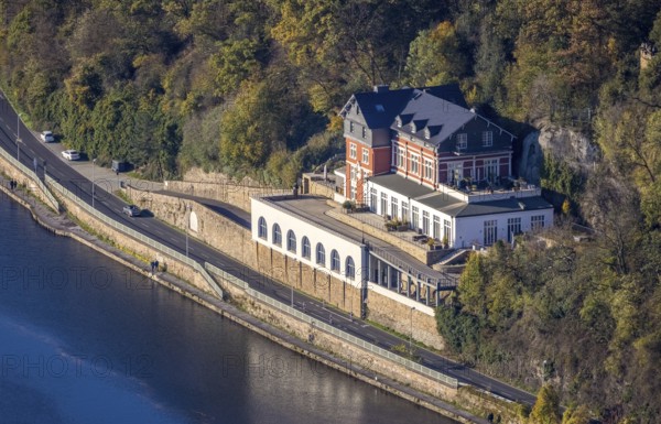 Aerial view, residential building, former youth hostel at Kahlenberg, river Ruhr, Mendener Straße,