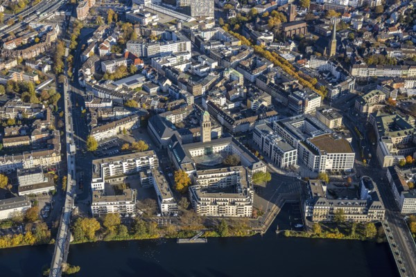 Aerial view, town hall market, town hall, cycle path, Altstadt I, Mülheim an der Ruhr, Ruhr area,