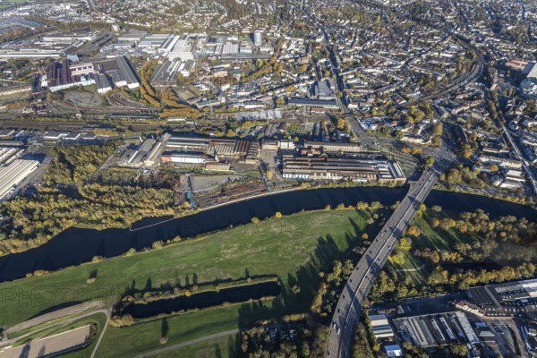 Aerial view, Friedrich Wilhelms-Hütte Stahlguss, river Ruhr, Altstadt II, Mülheim an der Ruhr, Ruhr