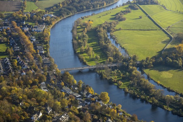 Aerial view, Ruhrstrand, Saarner Ruhraue, river Ruhr, Mülheim Mendener Brücke, Saarn, Mülheim an
