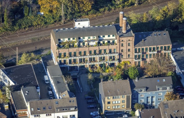 Aerial view, Exclusive condominiums in the Alte Malzfabrik residential park, Cycle highway,