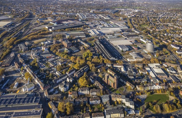 Aerial view, cath. Church Sankt Engelbert, Sankt Engelbertus-Stift, Siemens factory premises,