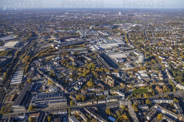 Aerial view, cath. Church Sankt Engelbert, Sankt Engelbertus-Stift, Siemens factory premises,