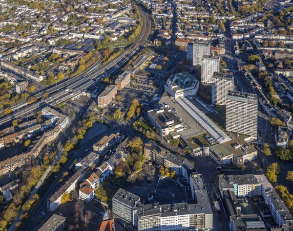 Aerial view, development area around the main post office, main railway station, fast cycle path,