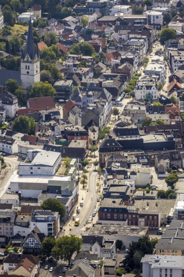 Aerial view, pedestrian zone, city centre, market place, old town hall, catholic church St.